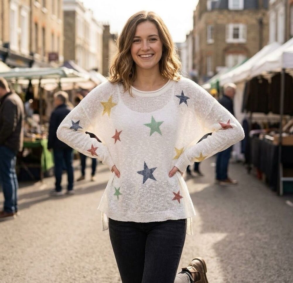 Hem & Thread size L star sweater lightweight semi sheer